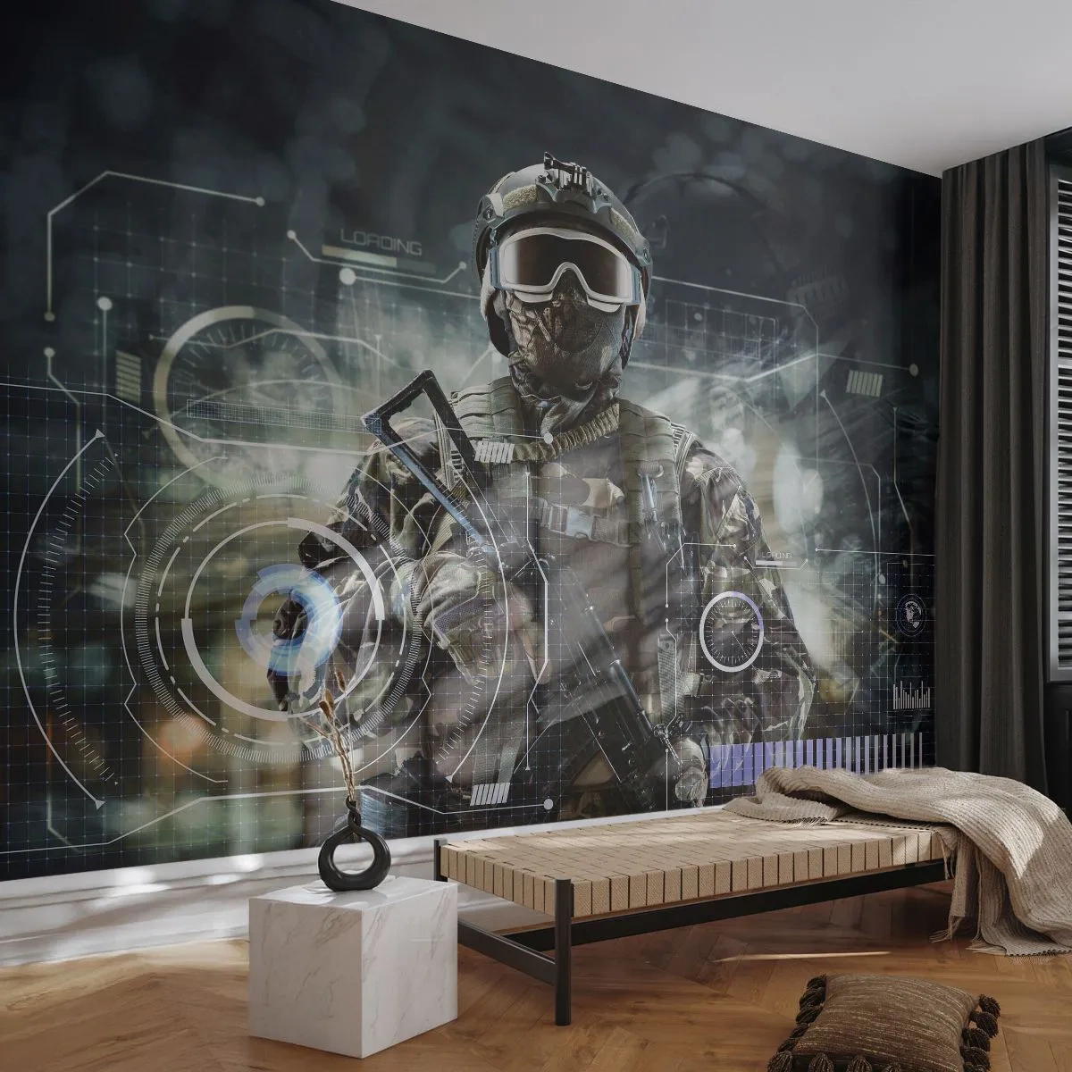 Papier Peint Photo Premium Canvas - Un soldat portant un casque futuriste avec une arme à feu en arrière-plan de la technologie. - 100x70cm - Puissance sans limite - Décoration murale moderne pour le salon et la chambre ARTTOR