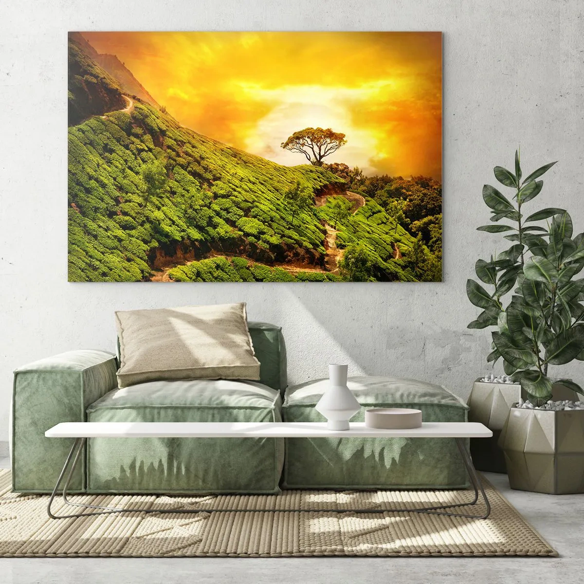 Impression sur verre - Image sur verre - Collines verdoyantes avec un arbre solitaire au coucher du soleil - 100x70cm - Un chemin sinueux, une pente verte - Décoration murale moderne pour le salon et la chambre ARTTOR