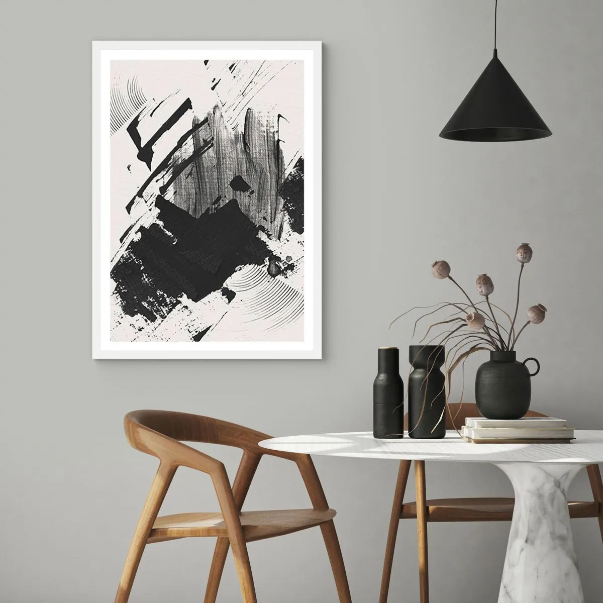 Affiche dans un cadre blanc - Poster - Abstraction – expression du noir - 70x100 cm