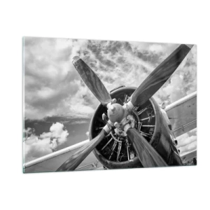 Impression sur verre - Image sur verre - Gros plan d'une hélice d'avion en noir et blanc. - 120x80cm - Dompteur de ciel - Décoration murale moderne pour le salon et la chambre ARTTOR