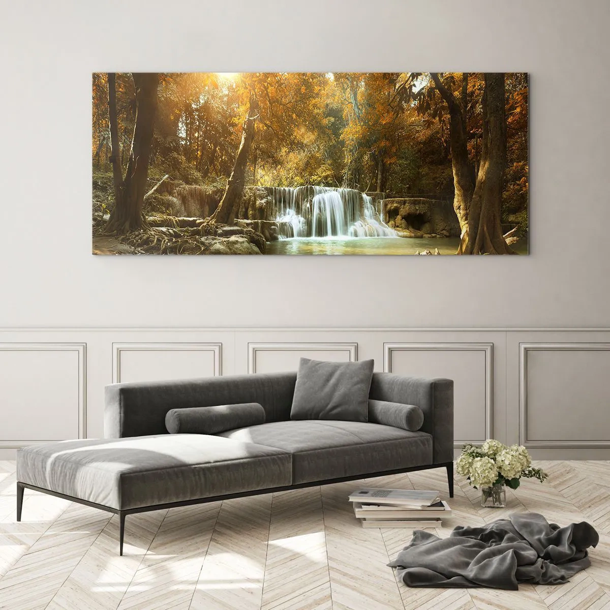 Impression sur verre - Image sur verre - Paysage d'automne avec une cascade - 140x50cm - Cascade du parc - Décoration murale moderne pour le salon et la chambre ARTTOR
