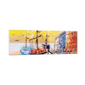 Impression sur verre - Image sur verre - Port pittoresque au coucher du soleil avec des bateaux de pêche - 160x50cm - Bon retour - Décoration murale moderne pour le salon et la chambre ARTTOR