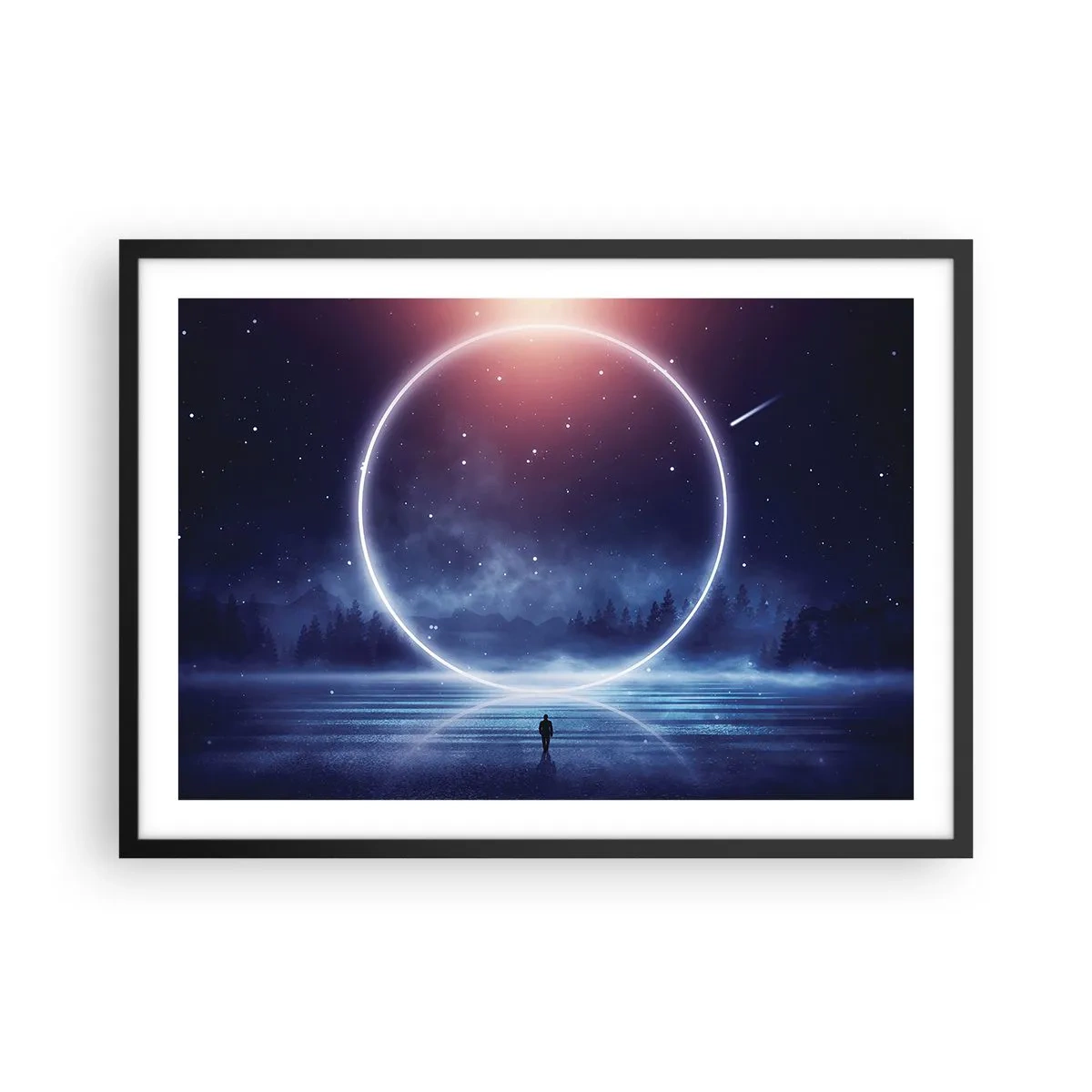 Affiche dans un cadre noir - Poster - Un paysage magique avec une silhouette et un cercle de lumière la nuit - 70x50cm - Ils sont déjà là... - Décoration murale moderne pour le salon et la chambre ARTTOR