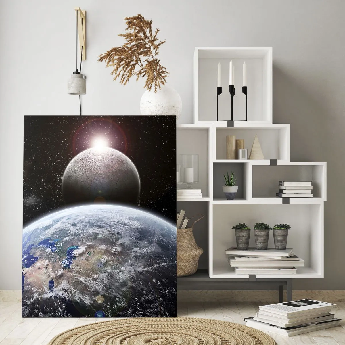 Impression sur verre - Image sur verre - La planète Terre et la Lune sur fond d'espace étoilé. - 80x120cm - Paysage cosmique - lever de soleil - Décoration murale moderne pour le salon et la chambre ARTTOR