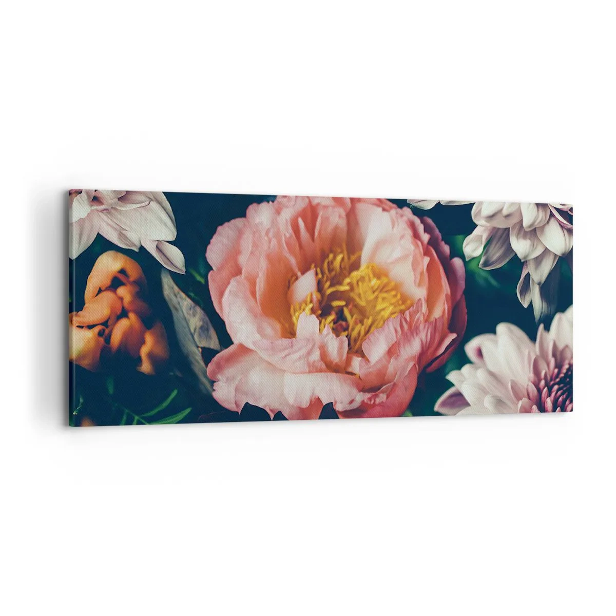 Impression sur toile - Image sur toile - Composition florale avec pivoines et chrysanthèmes sur fond sombre - 120x50cm - Splendeur baroque - Décoration murale moderne pour le salon et la chambre ARTTOR