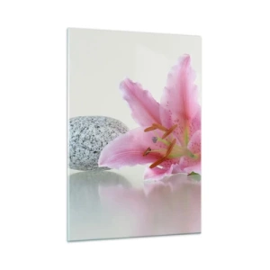 Impression sur verre - Image sur verre - Lys rose sur fond de pierres blanches dans un style spa - 50x70cm - Étude de rose, gris et blanc - Décoration murale moderne pour le salon et la chambre ARTTOR