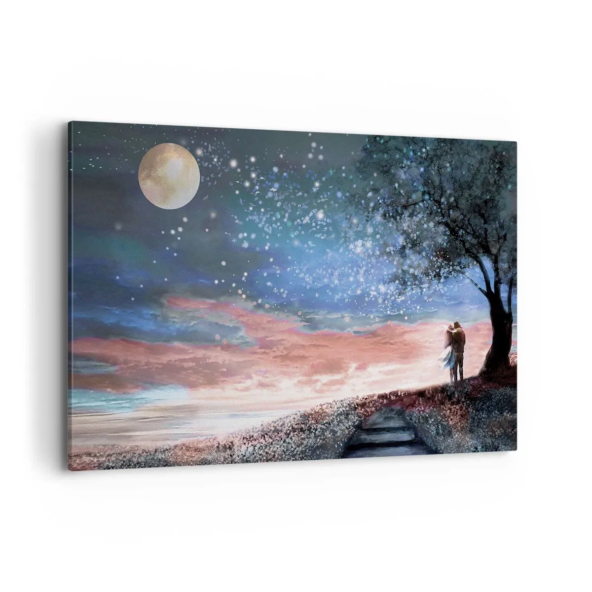 Impression sur toile - Image sur toile - Scène de couple romantique sous la pleine lune - 120x80cm - Spectacle étoilé - Décoration murale moderne pour le salon et la chambre ARTTOR