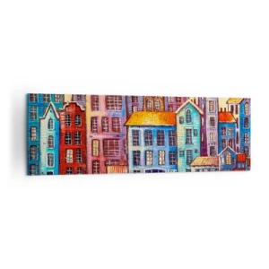 Impression sur toile - Image sur toile - Maisons colorées au bord de l'eau dans un style artistique - 160x50cm - Une ville comme dans un conte de fées - Décoration murale moderne pour le salon et la chambre ARTTOR