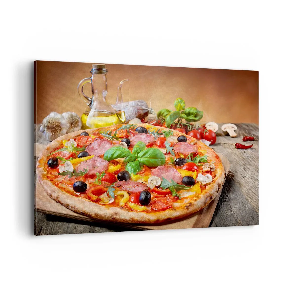 Impression sur toile - Image sur toile - Pizza appétissante sur une table en bois avec garnitures - 120x80cm - Avec une vraie saveur italienne - Décoration murale moderne pour le salon et la chambre ARTTOR