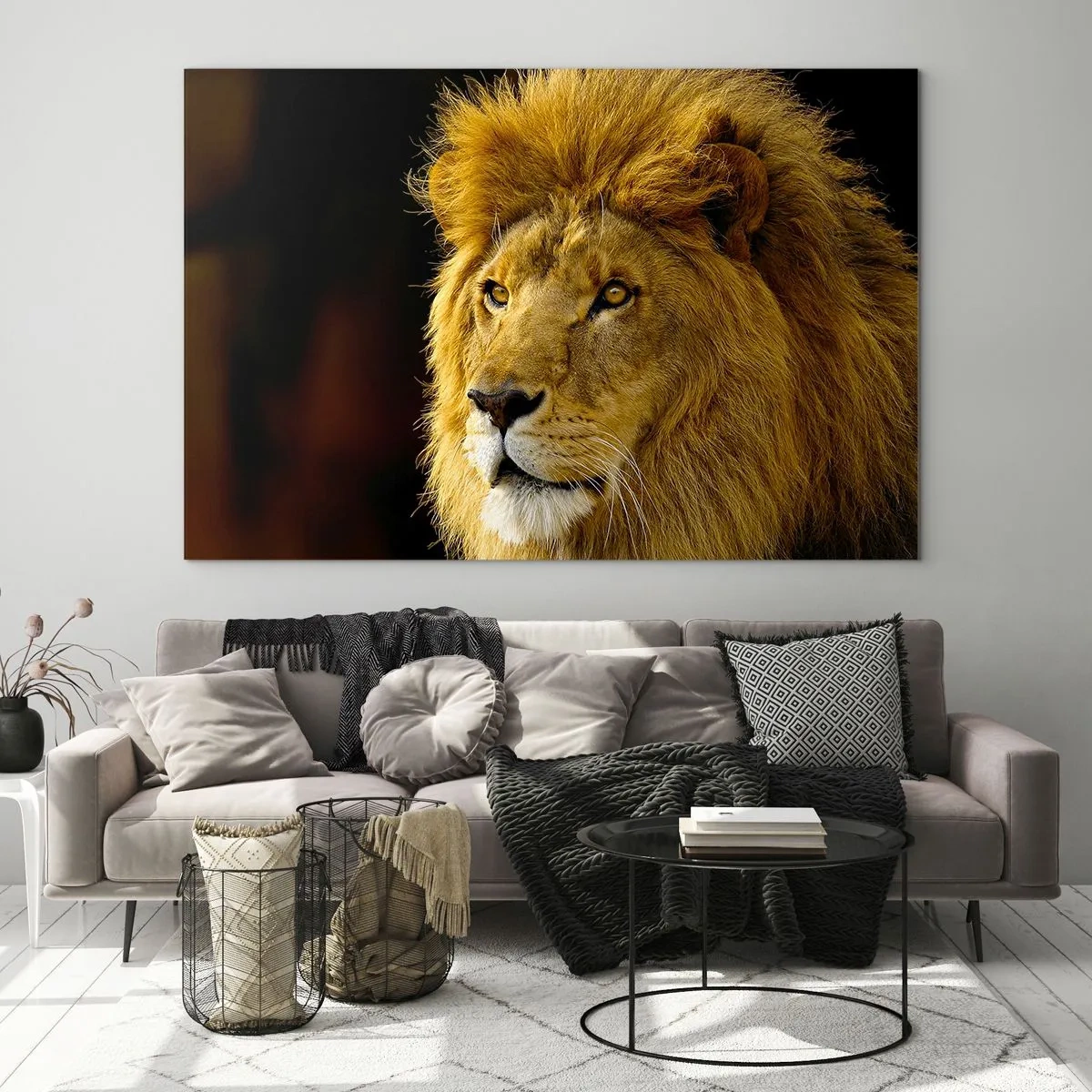 Impression sur verre - Image sur verre - Portrait d'un lion majestueux sur fond sombre - 100x70cm - Portrait de roi - Décoration murale moderne pour le salon et la chambre ARTTOR