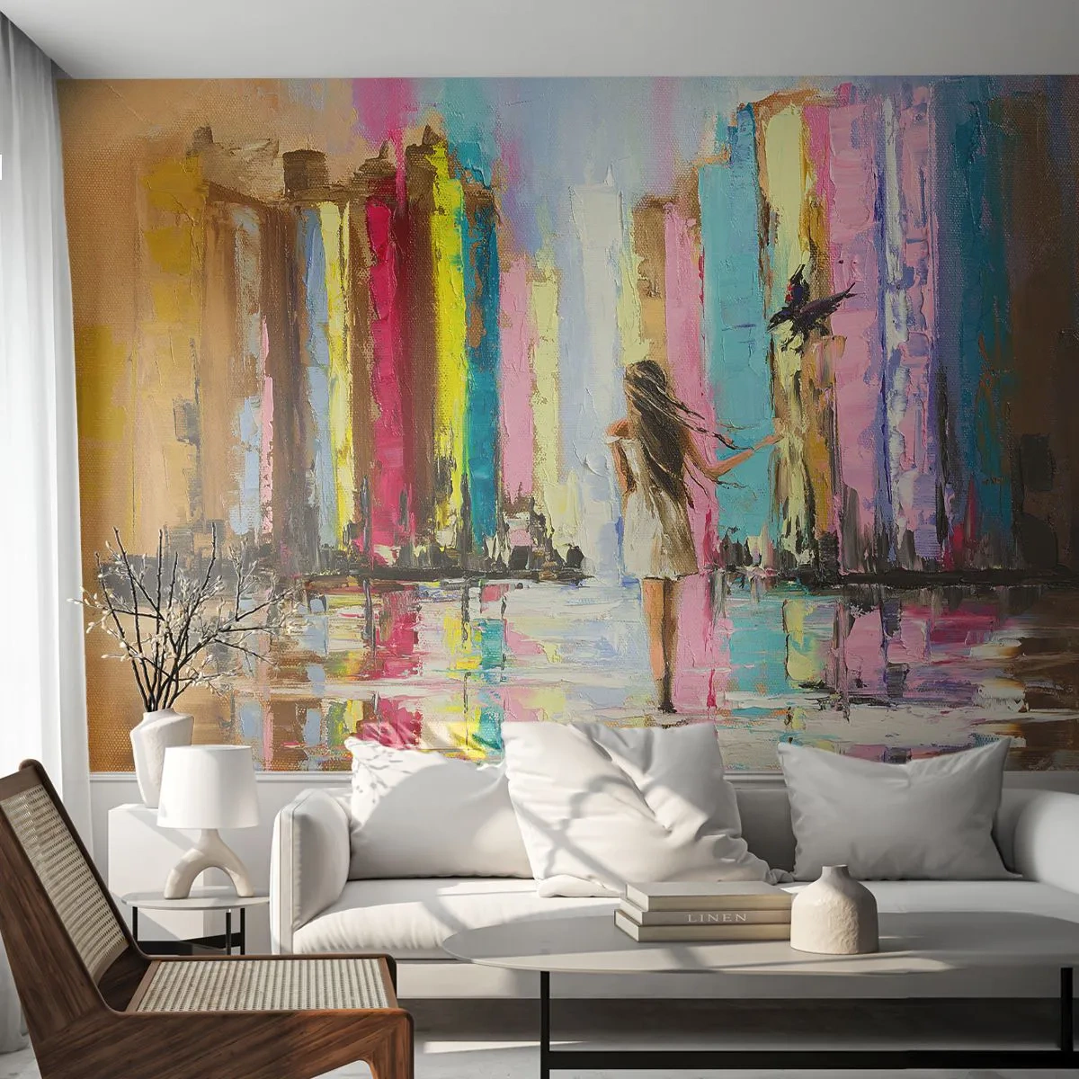 Papier Peint Photo Premium Sand - Une femme dans une ville colorée - 100x70cm - Viens avec moi - Décoration murale moderne pour le salon et la chambre ARTTOR