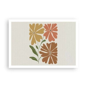 Affiche - Poster - Trois fleurs aux couleurs chaudes sur un fond clair - 100x70cm - Nature et géométrie - Décoration murale moderne pour le salon et la chambre ARTTOR