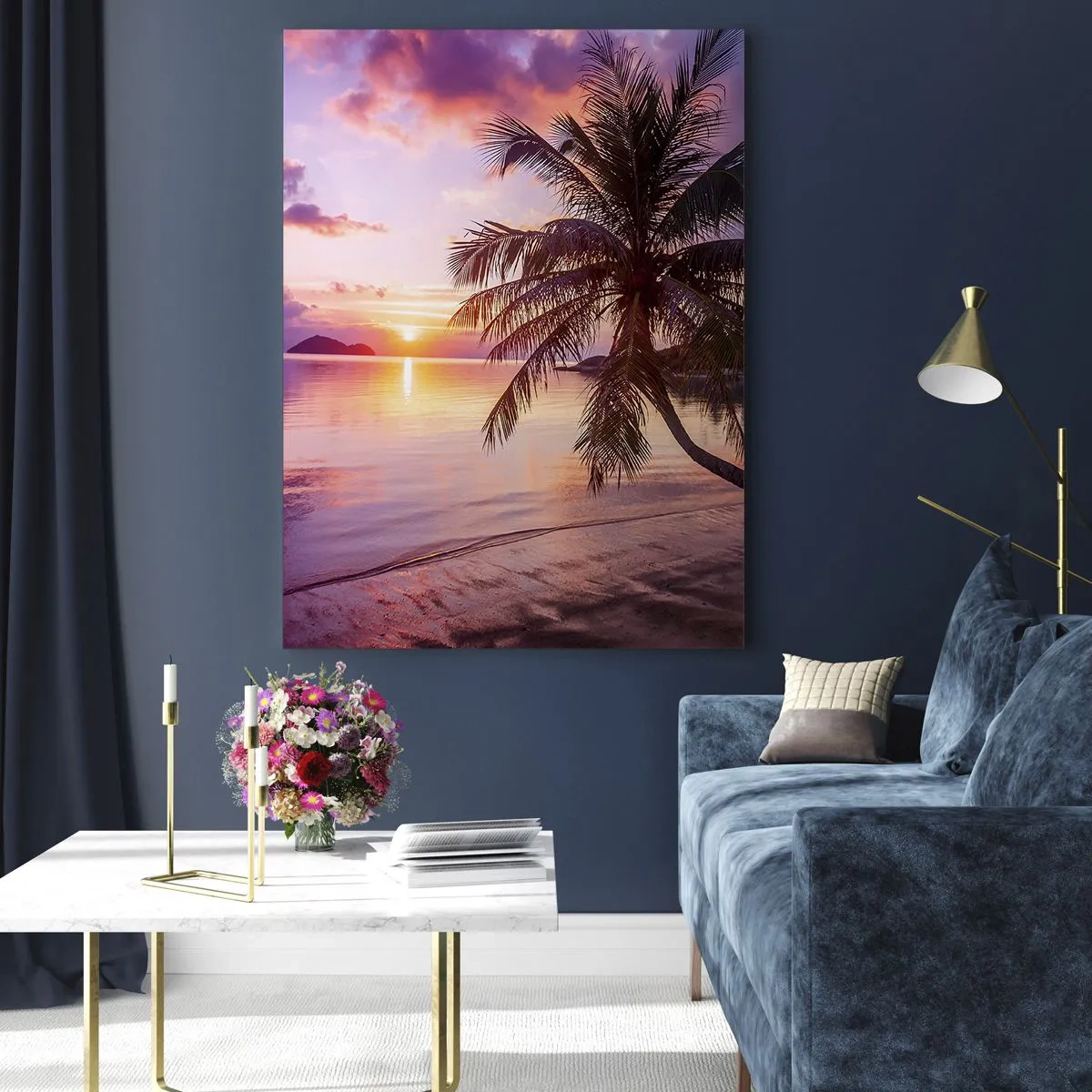 Impression sur verre - Image sur verre - Plage tropicale avec palmier au coucher du soleil - 70x100cm - Le bonheur à l'horizon - Décoration murale moderne pour le salon et la chambre ARTTOR