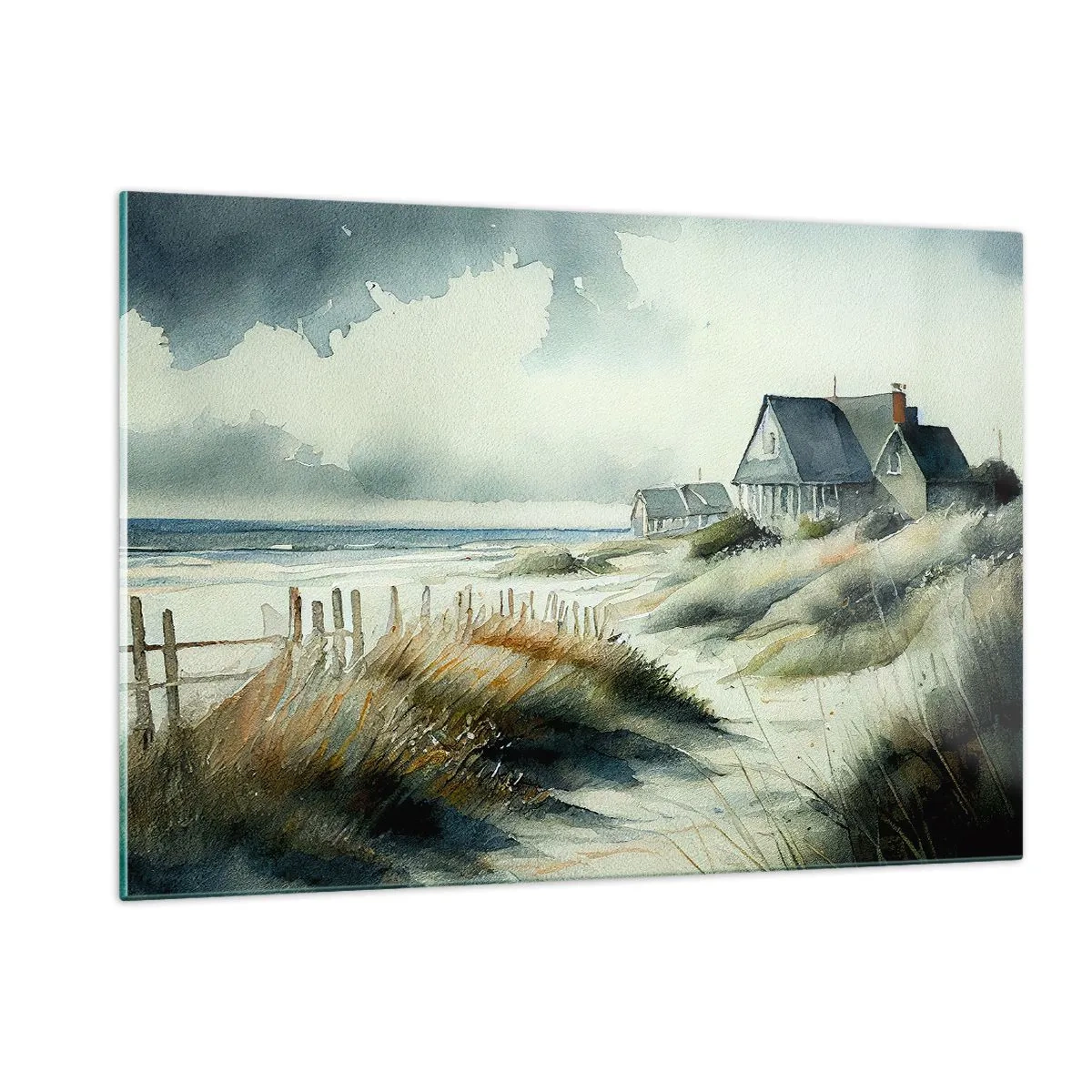 Impression sur verre - Image sur verre - Maisons de dunes en bord de mer sous un ciel nuageux - 120x80cm - Loin de l'agitation - Décoration murale moderne pour le salon et la chambre ARTTOR