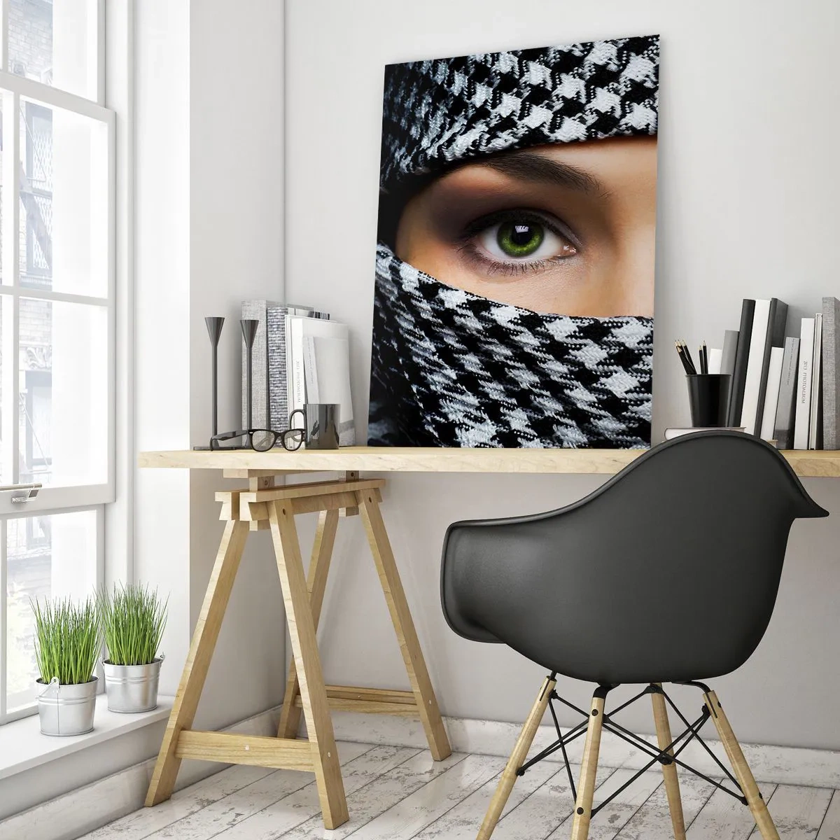 Impression sur verre - Image sur verre - Les yeux verts d'une femme sont cachés derrière un tissu à motifs en noir et blanc. - 80x120cm - Un portrait d'une beauté voilée aux yeux verts - Décoration murale moderne pour le salon et la chambre ARTTOR