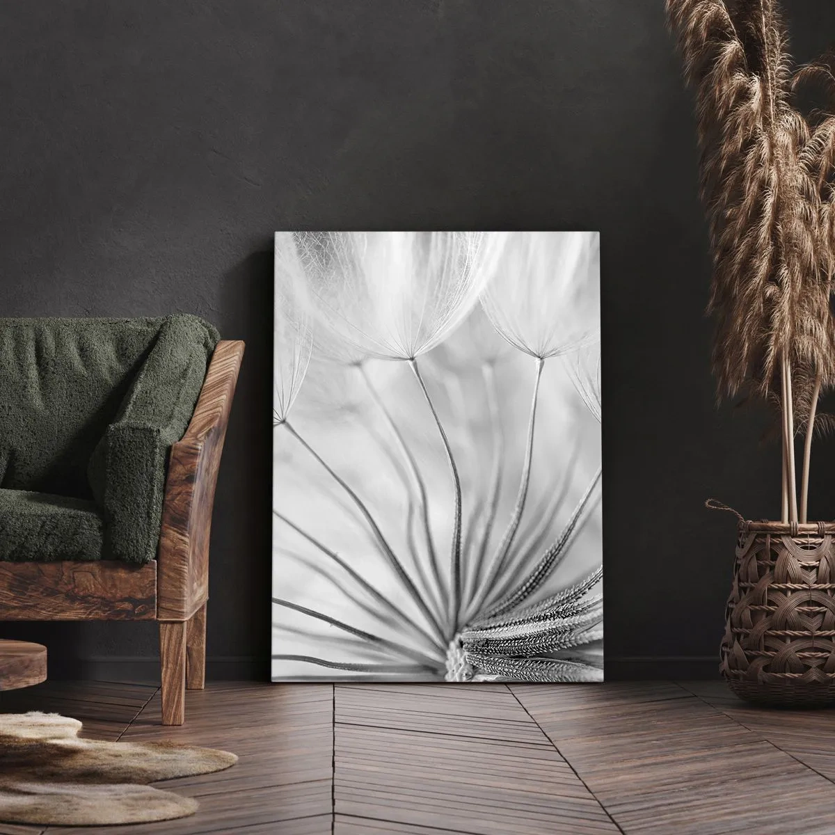 Impression sur toile - Image sur toile - Pissenlits délicats dans des tons noir et blanc - 80x120cm - Aigrette avant son envol - Décoration murale moderne pour le salon et la chambre ARTTOR
