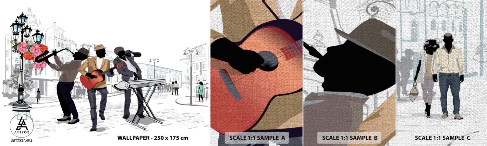 Échantillon de Papier Peint Premium Canvas - Musique de rue - Musique, Guitare, Groupe - 100x30 cm