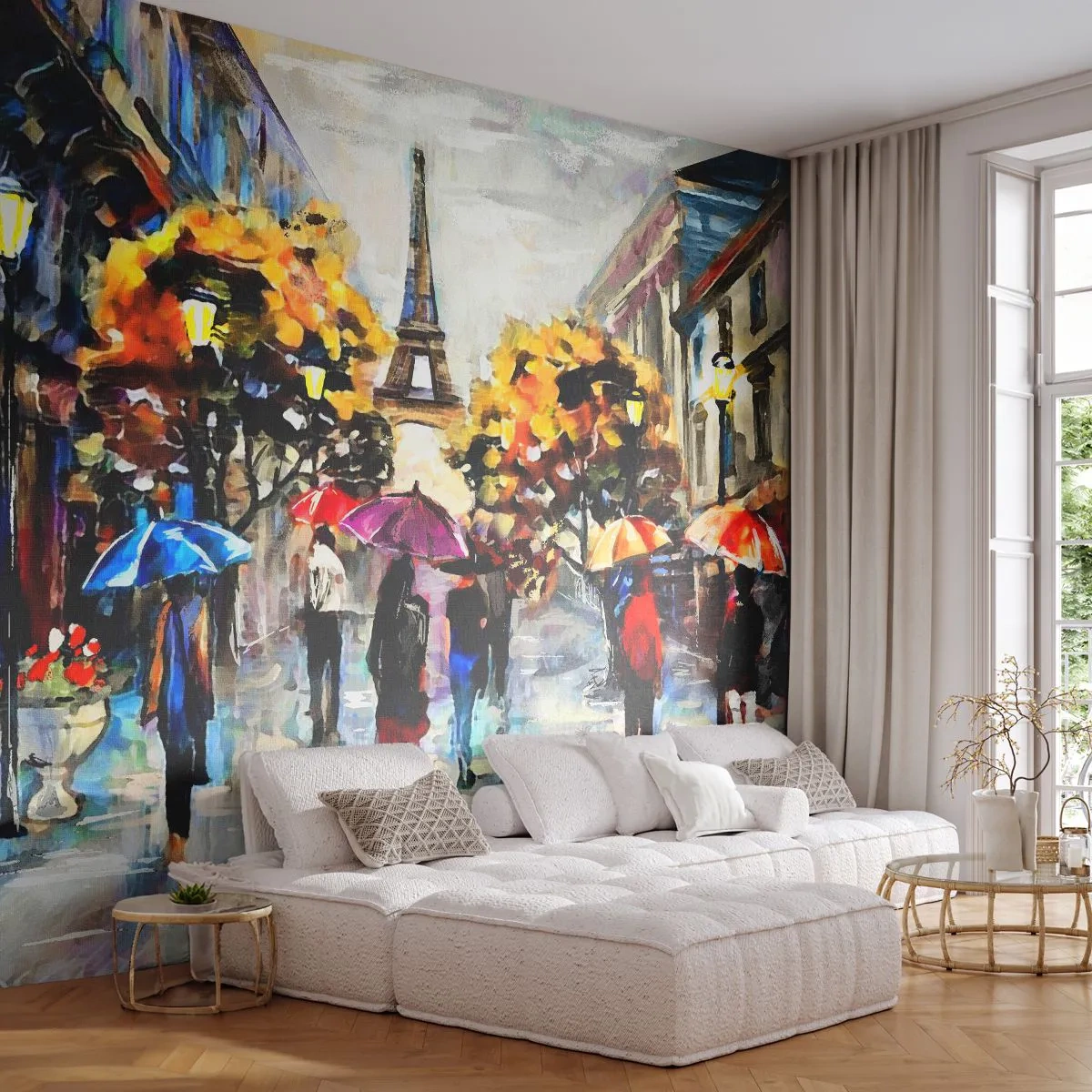Papier Peint Photo Premium Sand - Paris en automne sous la pluie avec des parapluies colorés - 100x70cm - Particulièrement beau en automne - Décoration murale moderne pour le salon et la chambre ARTTOR