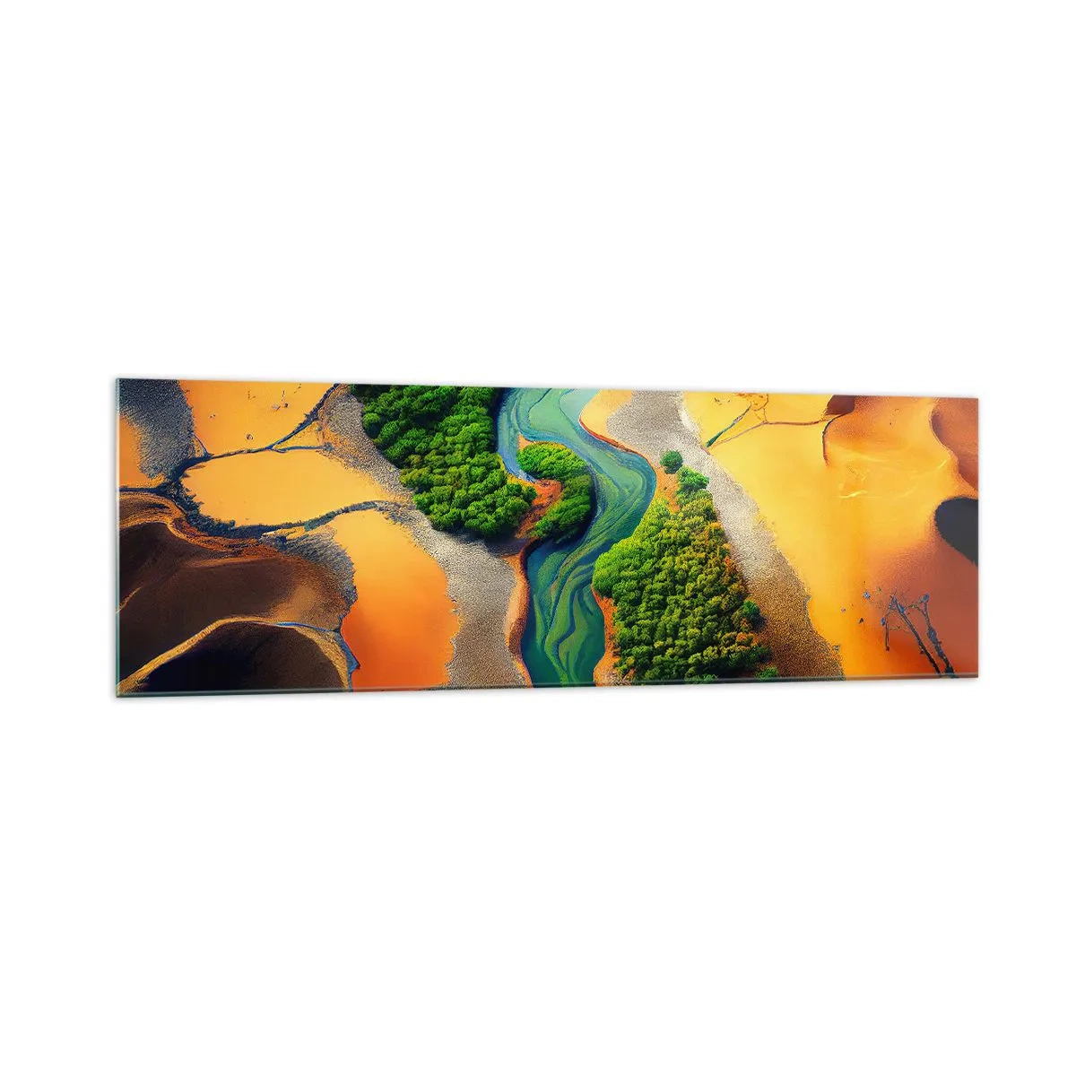Impression sur verre - Image sur verre - Une rivière verte entourée de sable doré et de végétation - 160x50cm - Rivière vivifiante - Décoration murale moderne pour le salon et la chambre ARTTOR