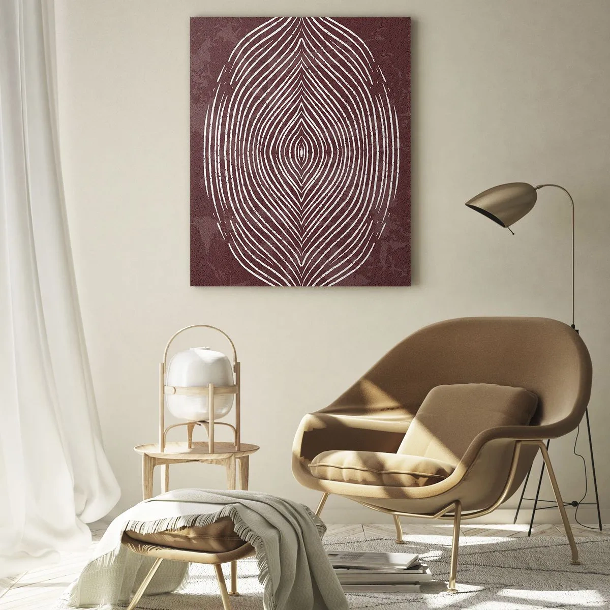 Impression sur verre - Image sur verre - Ondes symétriques en lignes blanches sur fond marron - 80x120cm - L'espace parle - Décoration murale moderne pour le salon et la chambre ARTTOR