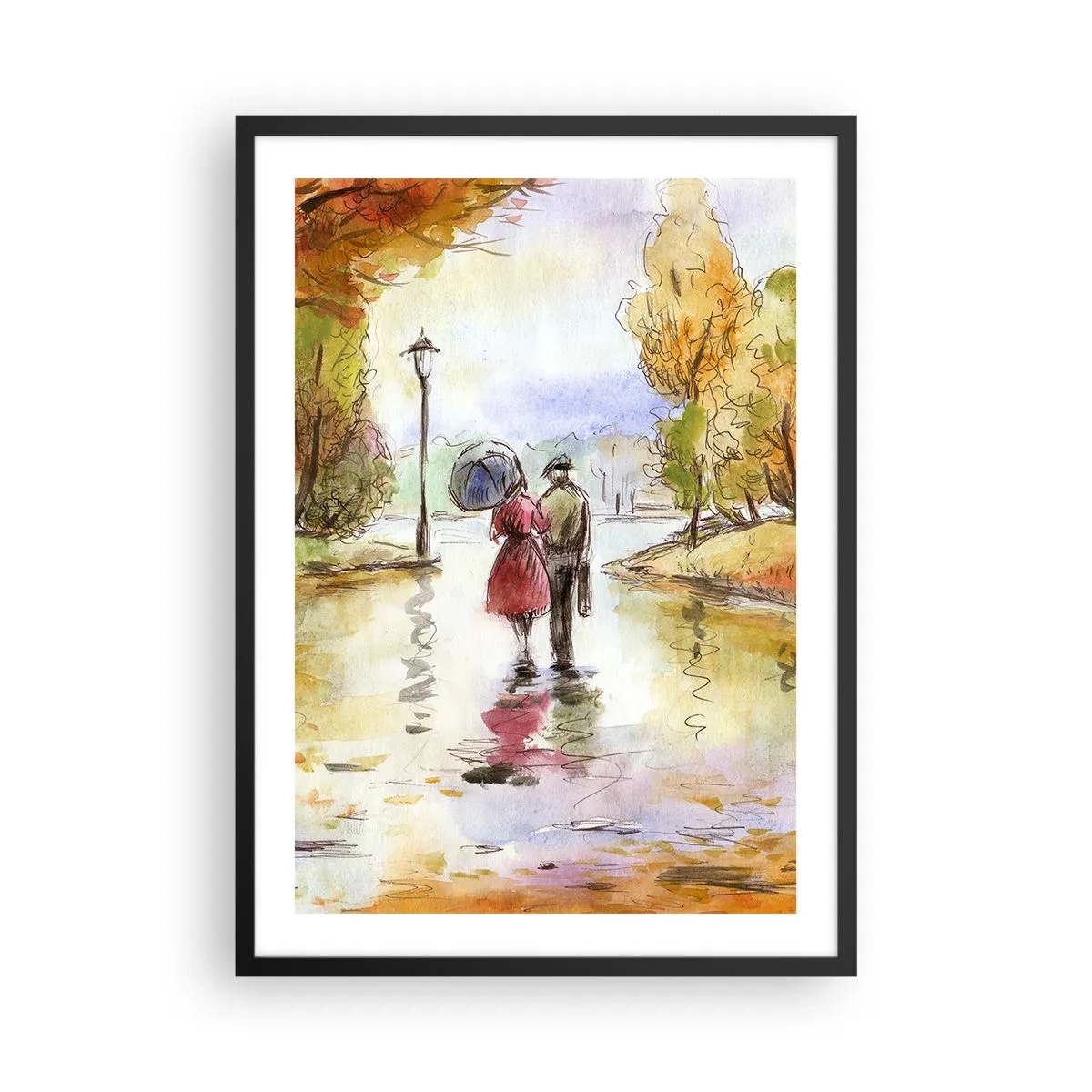 Affiche dans un cadre noir - Poster - Une promenade dans le parc en automne dans un style aquarelle - 50x70cm - Automne romantique dans le parc - Décoration murale moderne pour le salon et la chambre ARTTOR