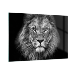 Impression sur verre - Image sur verre - Portrait d'un lion en noir et blanc avec une crinière majestueuse - 100x70cm - En vêtement de sacre - Décoration murale moderne pour le salon et la chambre ARTTOR