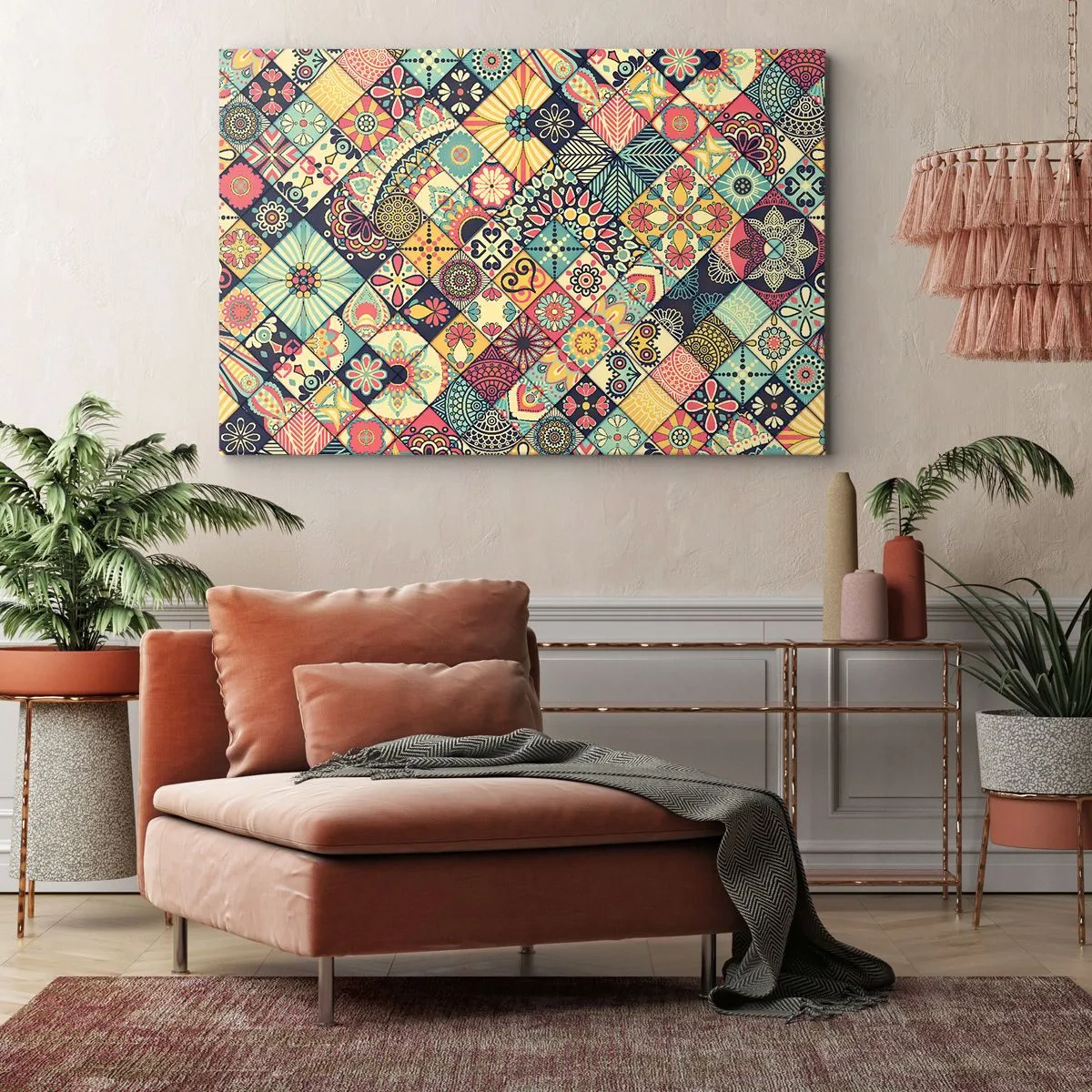 Impression sur toile - Image sur toile - Motifs géométriques colorés inspirés du style marocain - 100x70cm - Ambiance marocaine - Décoration murale moderne pour le salon et la chambre ARTTOR