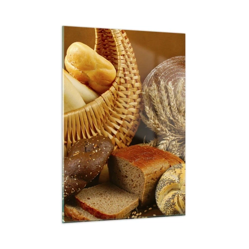 Impression sur verre - Image sur verre - Un panier de pain et de miches sur fond d'épis de céréales - 50x70cm - On s'en est encore sorti - Décoration murale moderne pour le salon et la chambre ARTTOR