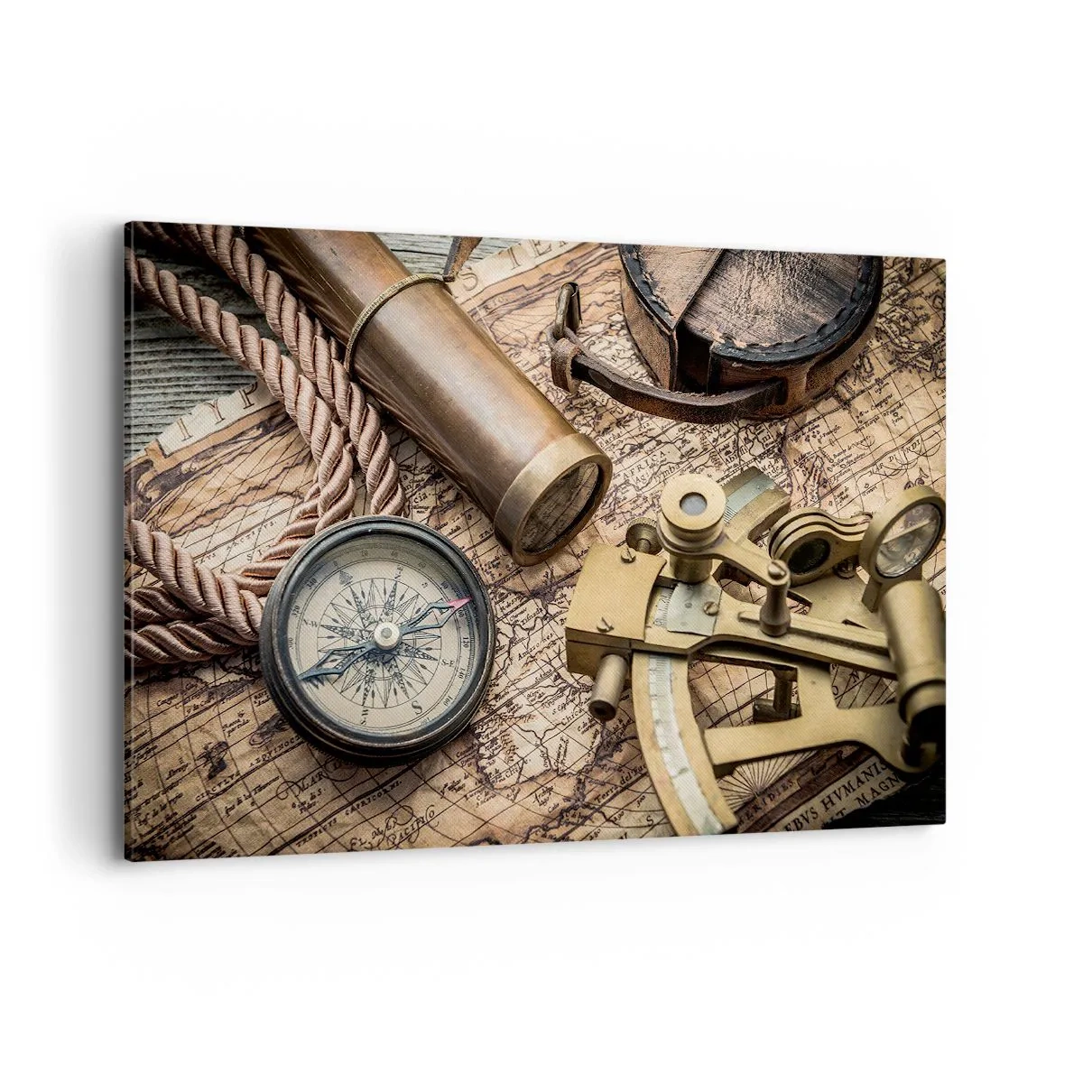 Impression sur toile - Image sur toile - Une boussole, un sextant et un télescope sur fond de vieille carte et de corde nautique. - 120x80cm - Fixer un cap - Décoration murale moderne pour le salon et la chambre ARTTOR