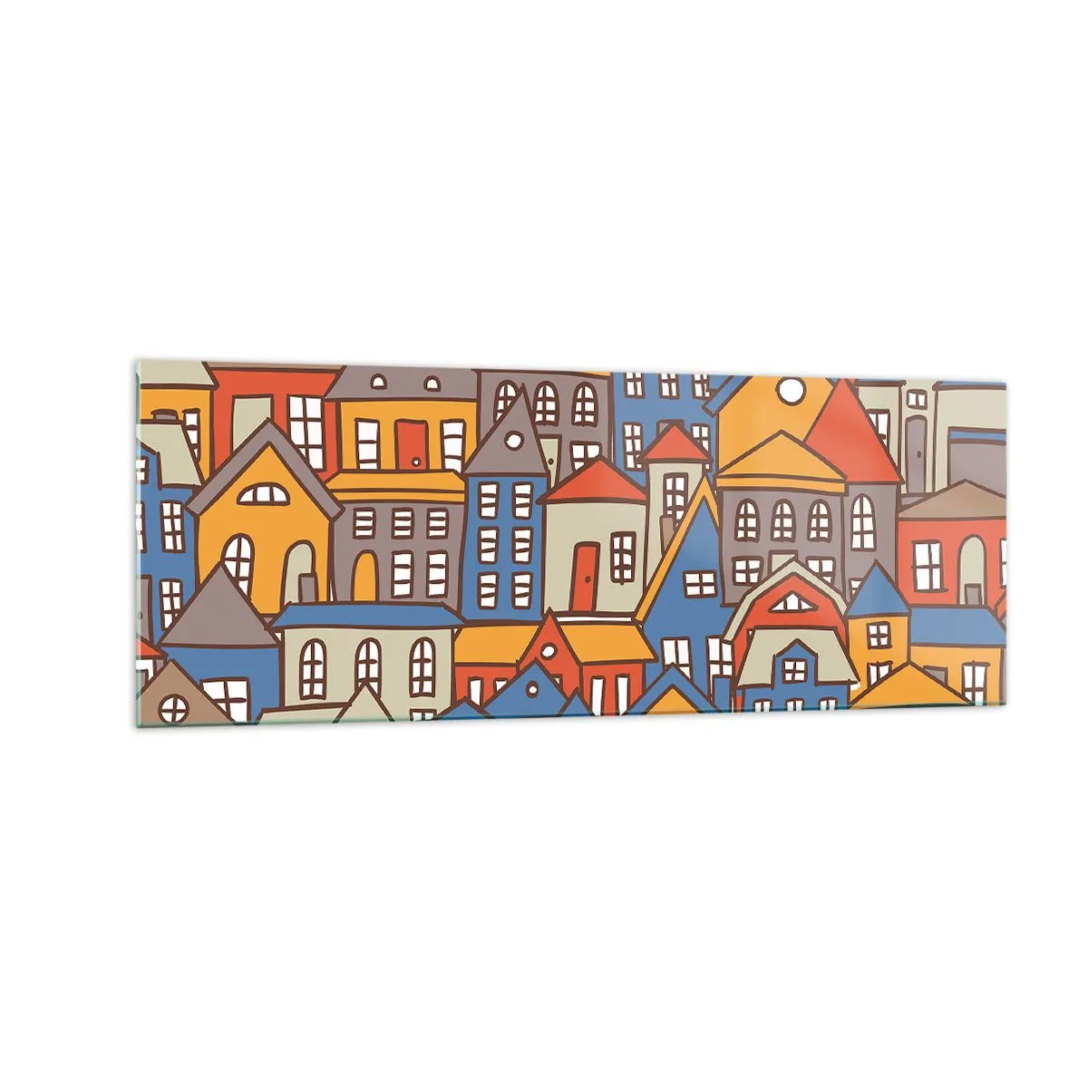 Impression sur verre - Image sur verre - Maisons colorées dans un style graphique sur fond clair - 140x50cm - Derrière la maison, une maison - Décoration murale moderne pour le salon et la chambre ARTTOR