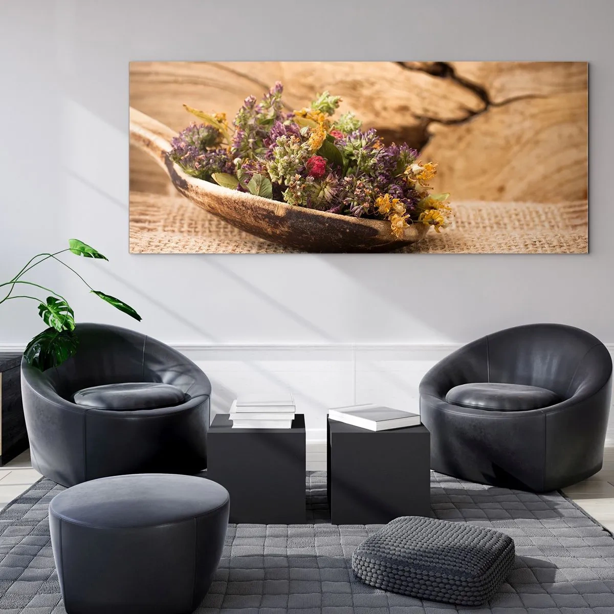 Impression sur verre - Image sur verre - Herbes séchées dans une cuillère en bois sur un fond en bois naturel - 160x50cm - Fleurs colorées et herbes parfumées - Décoration murale moderne pour le salon et la chambre ARTTOR