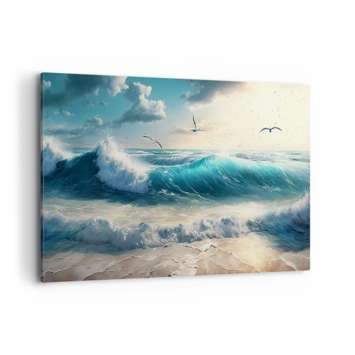 Impression sur toile - Image sur toile - Vagues de la mer sur la plage sous un ciel bleu avec des mouettes - 120x80cm - Ça bourdonne seulement pour toi - Décoration murale moderne pour le salon et la chambre ARTTOR