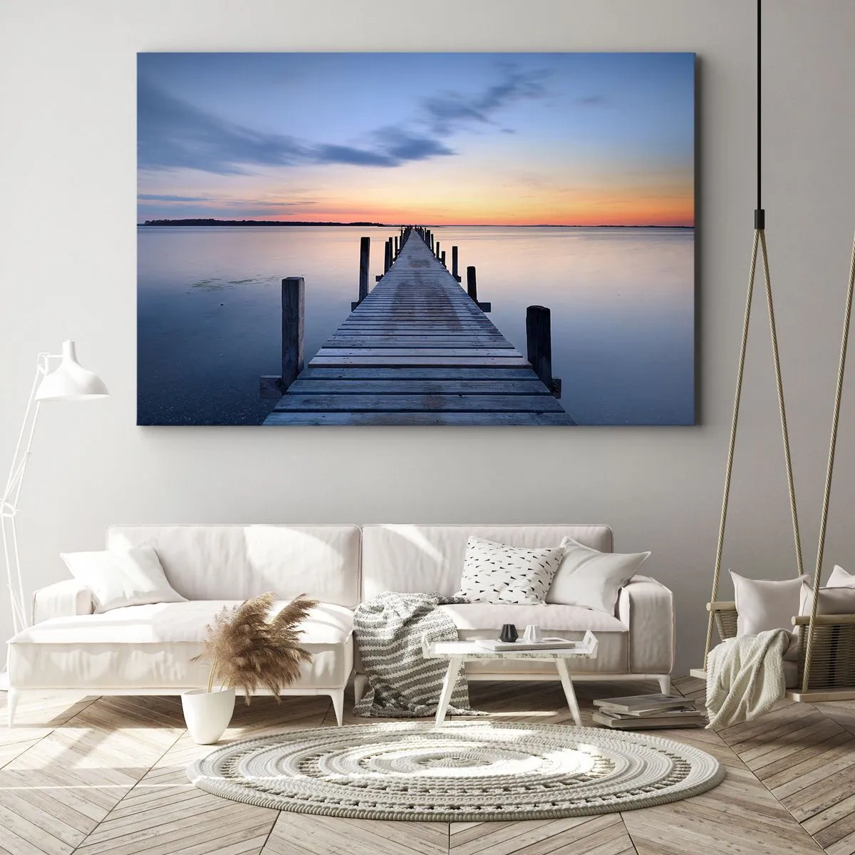 Impression sur toile - Image sur toile - Jetée en bois sur le lac au coucher du soleil - 70x50cm - Le calme d'un crépuscule serein - Décoration murale moderne pour le salon et la chambre ARTTOR