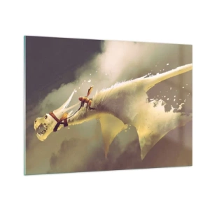 Impression sur verre - Image sur verre - Une silhouette sur le dos d'un dragon blanc dans un paysage brumeux - 100x70cm - Le monde à la rescousse - Décoration murale moderne pour le salon et la chambre ARTTOR