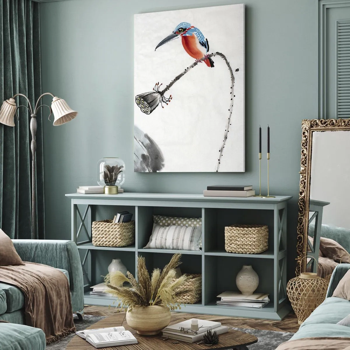 Impression sur toile - Image sur toile - Un oiseau coloré sur fond de végétation et une libellule - 50x70cm - La vie du champ - Décoration murale moderne pour le salon et la chambre ARTTOR