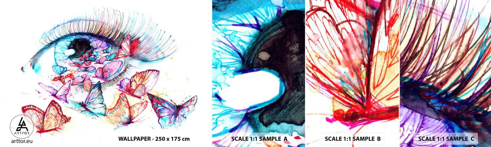 Échantillon de Papier Peint Autocollant Deluxe Sticker - Charme des yeux de conte de fées - Oeil de femme, Papillon, Abstraction - 100x30 cm