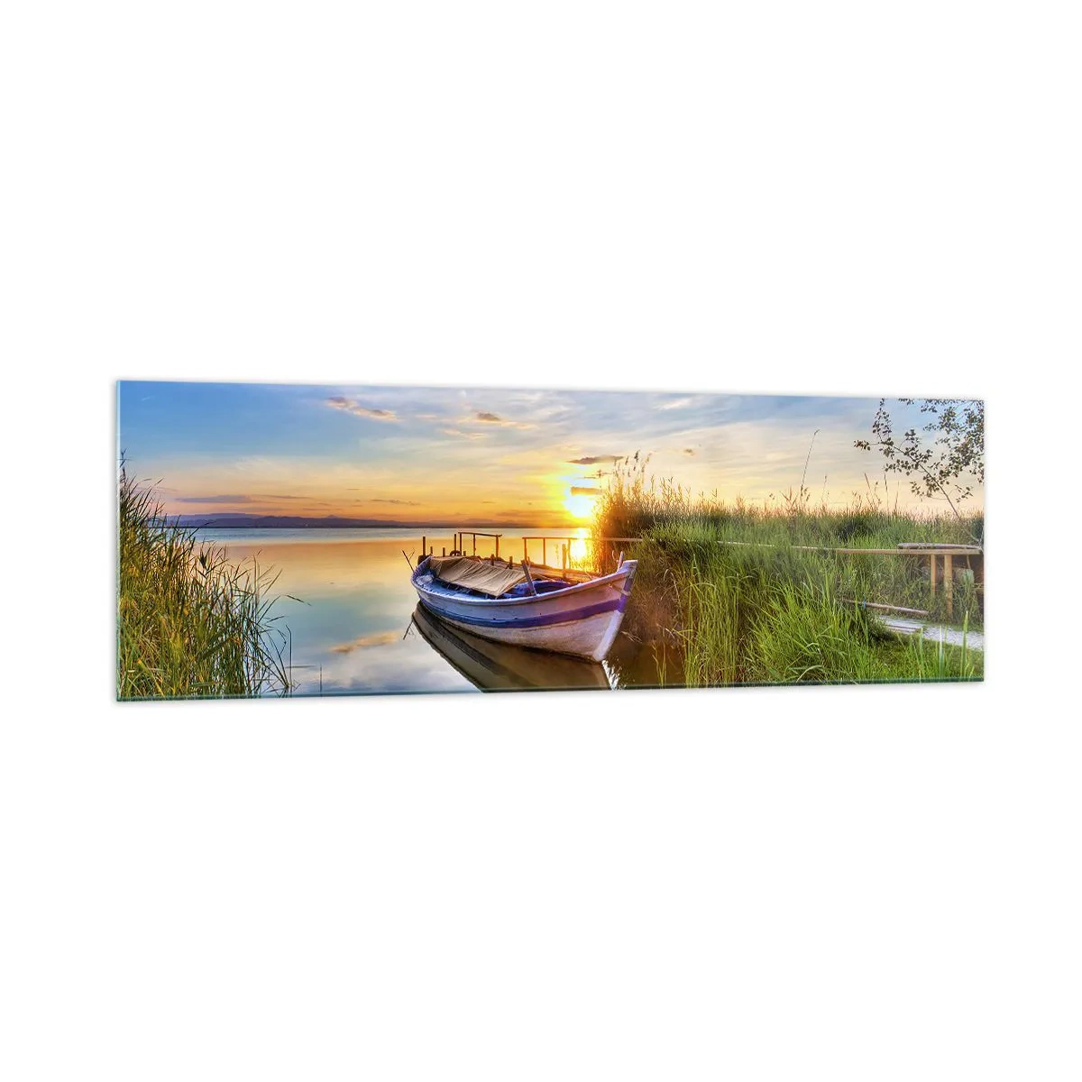 Impression sur verre - Image sur verre - Un bateau dans une baie tranquille au coucher du soleil - 160x50cm - La crique où les rêves deviennent réalité - Décoration murale moderne pour le salon et la chambre ARTTOR