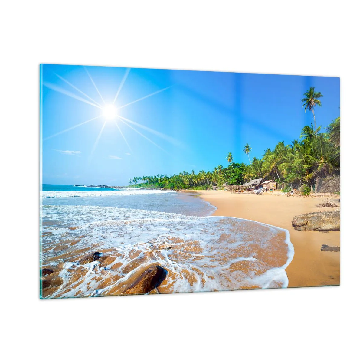 Impression sur verre - Image sur verre - Plage tropicale avec palmiers et vagues sous un ciel bleu - 120x80cm - Un endroit exotique pour vous - Décoration murale moderne pour le salon et la chambre ARTTOR