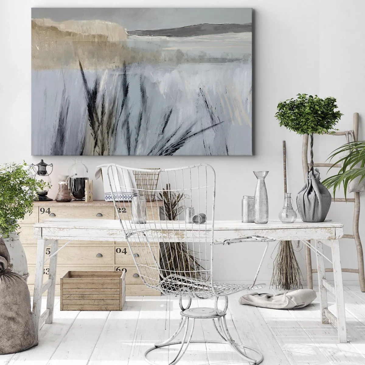 Impression sur toile - Image sur toile - Un paysage hivernal pittoresque avec des champs et des herbes - 120x80cm - Champs d'hiver - Décoration murale moderne pour le salon et la chambre ARTTOR