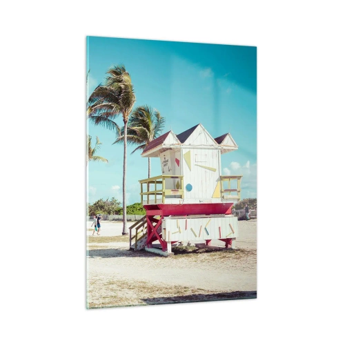 Impression sur verre - Image sur verre - Une plage avec des palmiers et une tour de surveillance par une journée ensoleillée - 50x70cm - Une belle journée devant toi - Décoration murale moderne pour le salon et la chambre ARTTOR