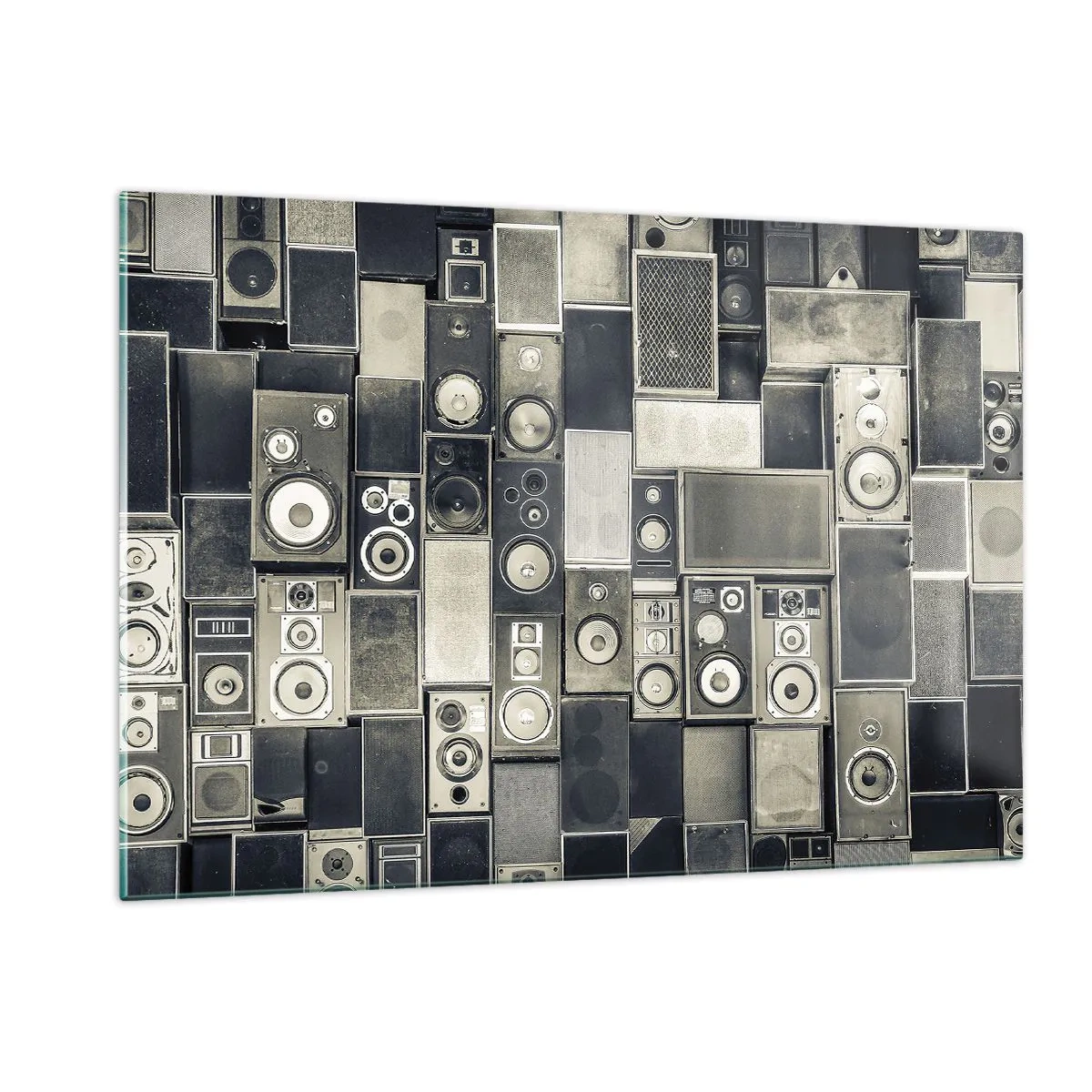 Impression sur verre - Image sur verre - Une composition d'enceintes rétro dans des tons de gris - 120x80cm - Tout va bien - Décoration murale moderne pour le salon et la chambre ARTTOR