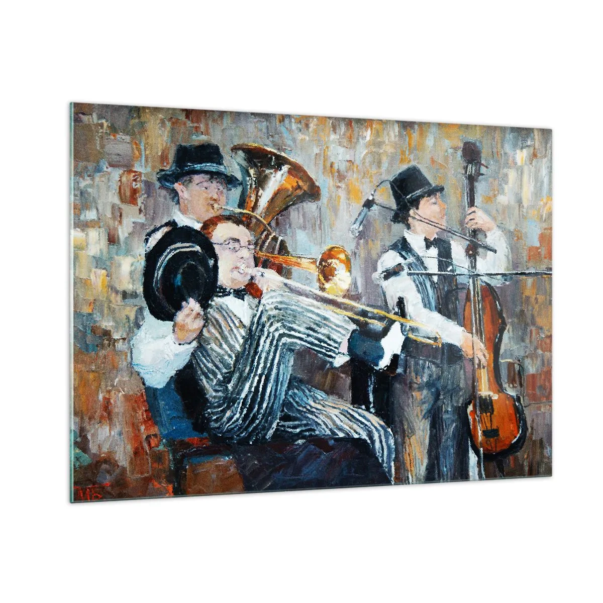 Impression sur verre - Image sur verre - Un groupe de jazz dans une scène impressionniste atmosphérique - 100x70cm - C'est tout le Jazz - Décoration murale moderne pour le salon et la chambre ARTTOR