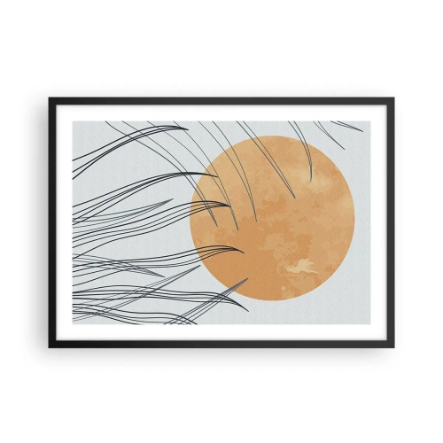 Affiche dans un cadre noir - Poster - Brins d'herbe abstraits sur fond de grand soleil orange - 70x50cm - Toujours vers le soleil - Décoration murale moderne pour le salon et la chambre ARTTOR