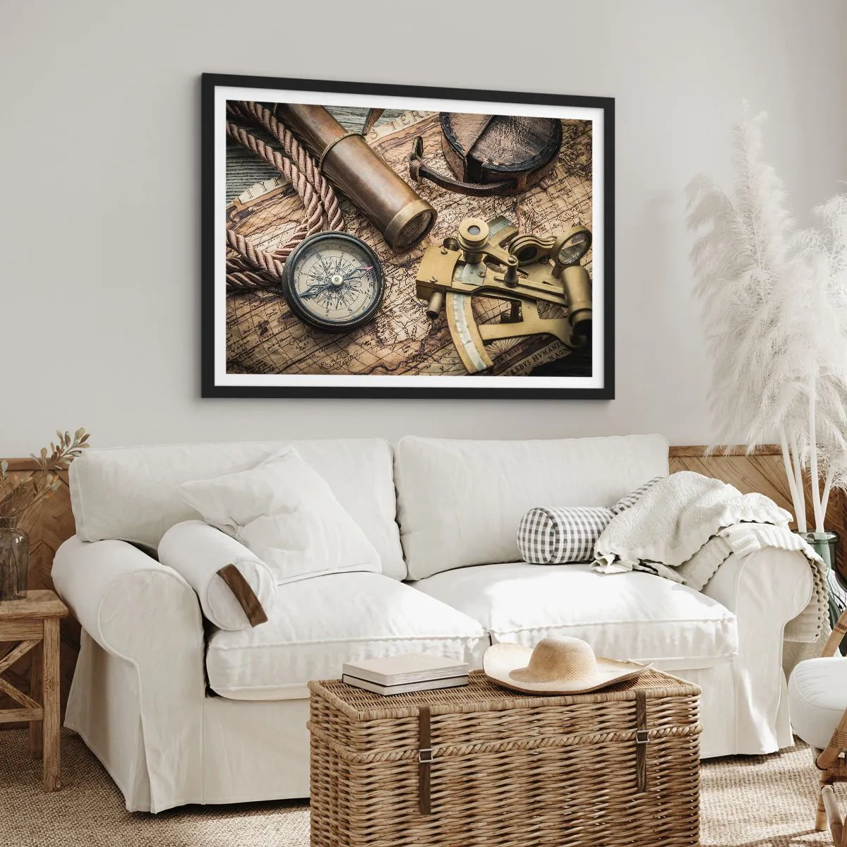 Affiche dans un cadre noir - Poster - Une boussole, un sextant et un télescope sur fond de vieille carte et de corde nautique. - 70x50cm - Fixer un cap - Décoration murale moderne pour le salon et la chambre ARTTOR