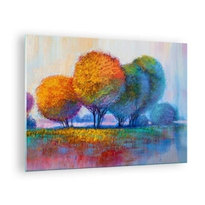 Impression sur verre - Image sur verre - Arbres colorés aux couleurs d'automne contre un ciel bleu - 70x50cm - Un bouquet de couleurs éclatantes - Décoration murale moderne pour le salon et la chambre ARTTOR