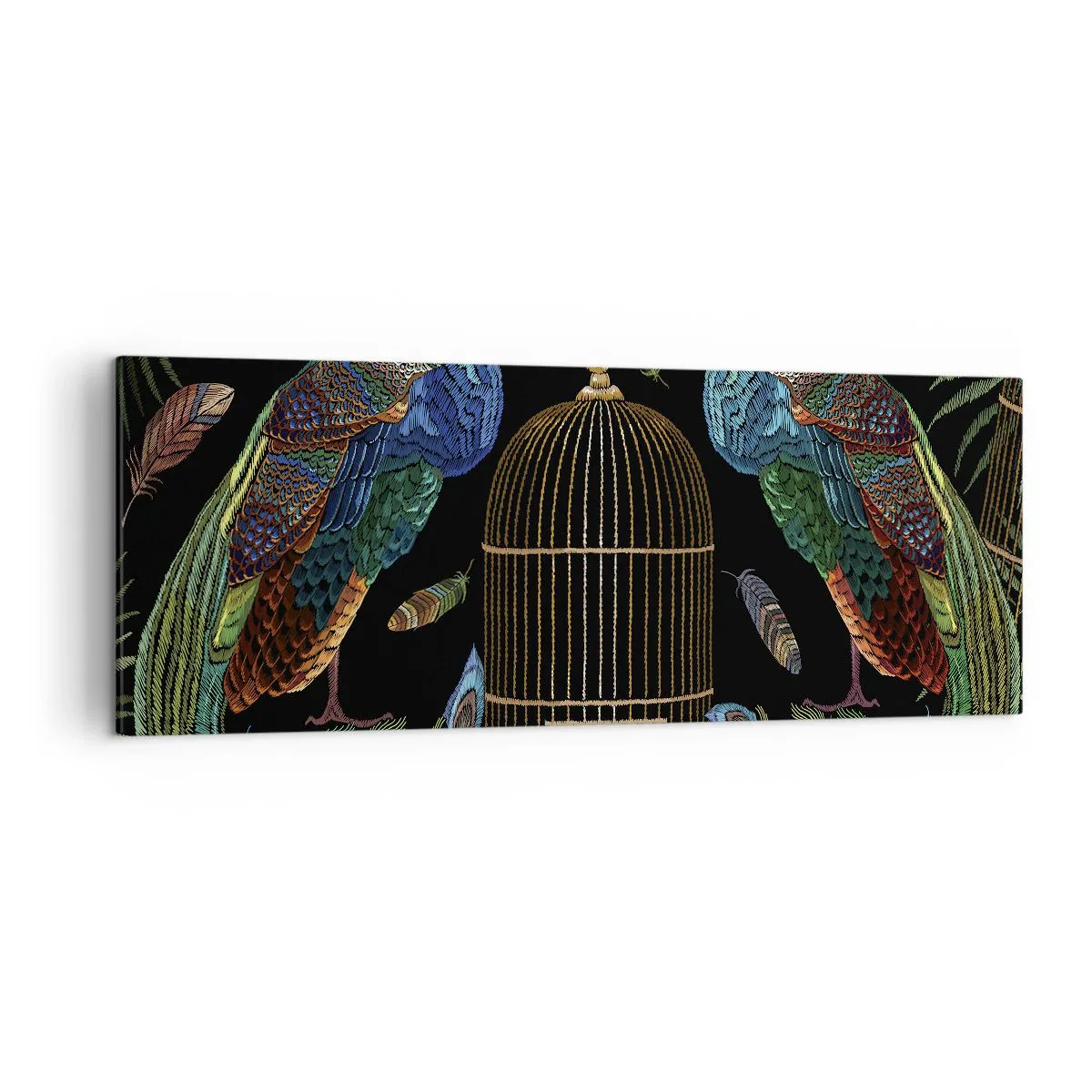 Impression sur toile - Image sur toile - Paons à côté d'une cage dorée sur fond noir - 140x50cm - En robes royales - Décoration murale moderne pour le salon et la chambre ARTTOR