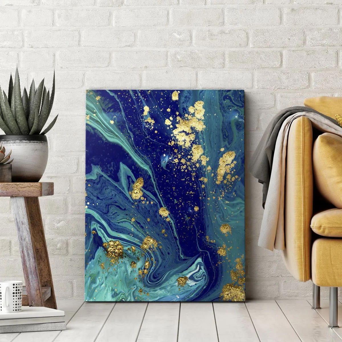 Impression sur toile - Image sur toile - Une composition abstraite avec des accents bleus, verts et dorés. - 80x120cm - Les pétales du soleil - Décoration murale moderne pour le salon et la chambre ARTTOR