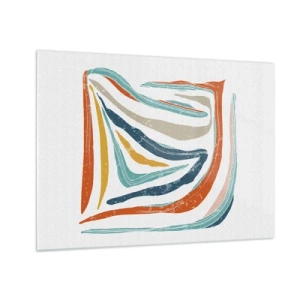 Impression sur verre - Image sur verre - Des stries colorées créent une abstraction dynamique sur un fond blanc - 70x50cm - Abstraction avec un sourire amical - Décoration murale moderne pour le salon et la chambre ARTTOR