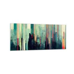 Impression sur verre - Image sur verre - Abstraction avec des lignes verticales et un horizon urbain - 120x50cm - Ville futuriste - Décoration murale moderne pour le salon et la chambre ARTTOR