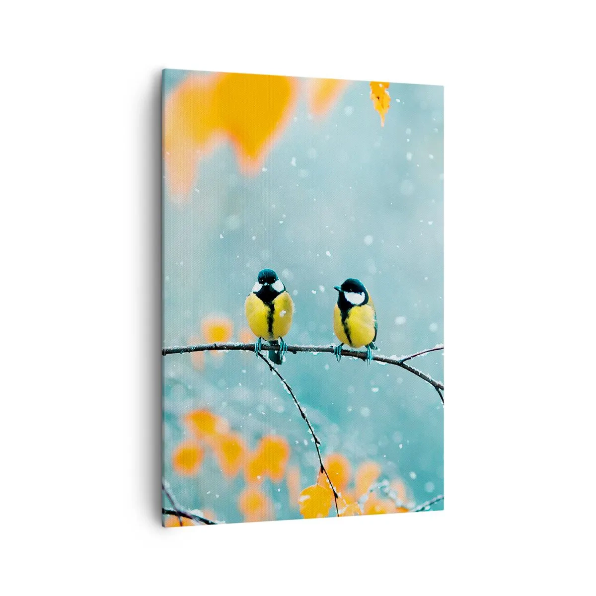 Impression sur toile - Image sur toile - Deux oiseaux sur une branche dans un décor hivernal avec des feuilles jaunes. - 70x100cm - Potins d'oiseaux - Décoration murale moderne pour le salon et la chambre ARTTOR